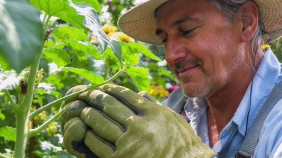 Gardener inspecting healthy vegetable plants outdoors.