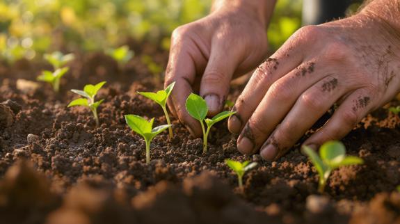 Hands planting small vegetable seedlings in soil.