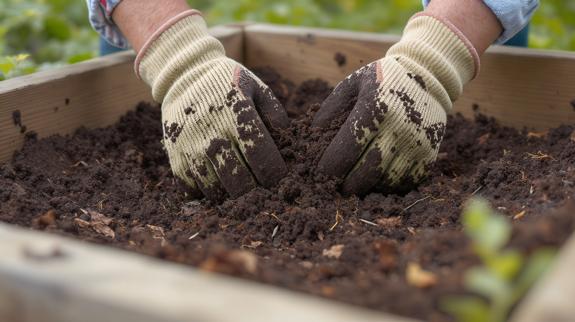 Hands mixing compost soil in garden bed.