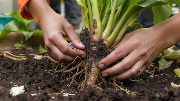 Cast iron plant rhizome division process.