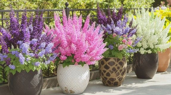 Colorful compact butterfly bushes in pots.