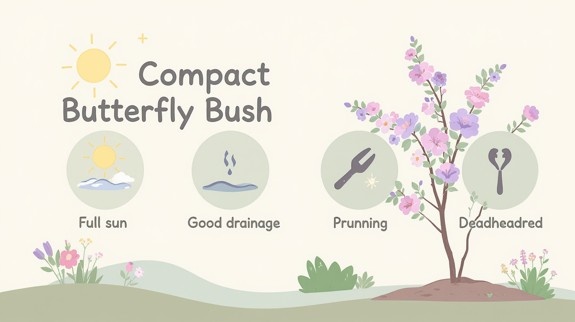 Illustrated compact butterfly bush care graphic.