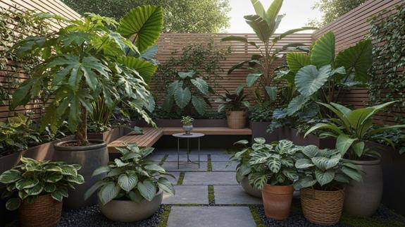 Outdoor garden with large foliage plants.