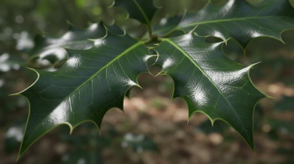 Close view of glossy holly leaves.