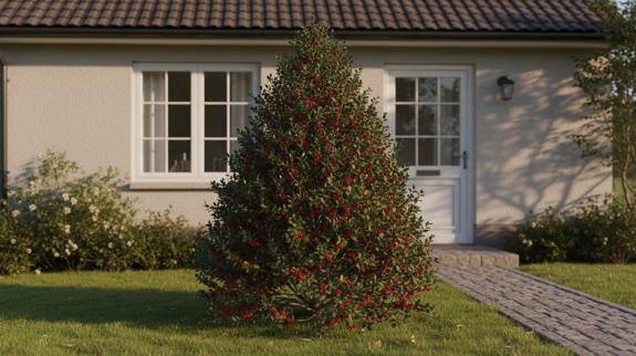 Front yard holly shrub with berries.