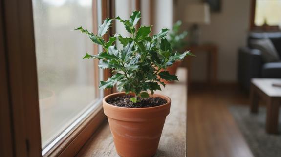 Potted indoor holly plant on windowsill.