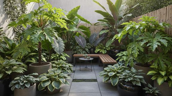 Lush container garden featuring big leaf plants.