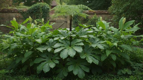 Small modern garden with big leaf plants.