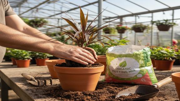 Gardener potting Cordyline plant in greenhouse.