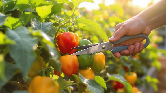 Gardener harvesting colorful ripe bell peppers.