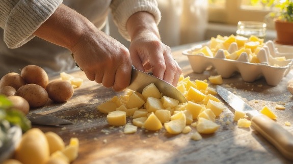 Cutting seed potatoes on kitchen table.