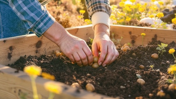 Planting seed potatoes in raised bed.