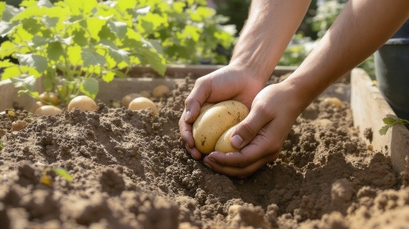Person harvesting ripe potato from soil.