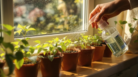 Spraying water on indoor pepper seedlings.