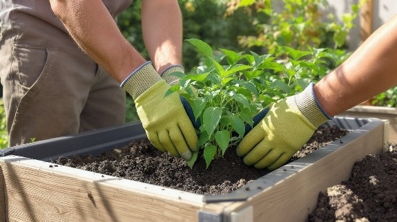 Gardeners planting young pepper seedlings outdoors.