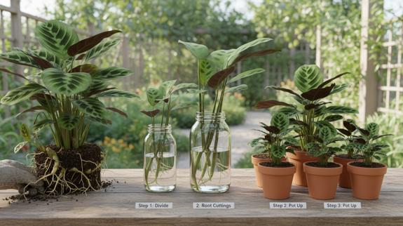 Calathea propagation steps with cuttings displayed.