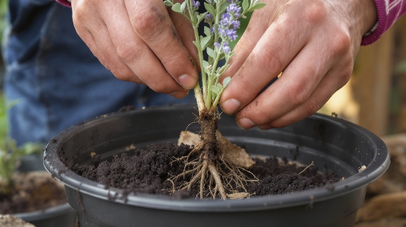 Planting Russian Sage cutting in pot.