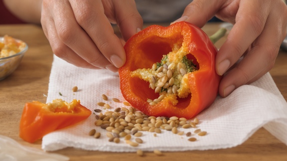 Saving seeds from ripe red bell pepper.