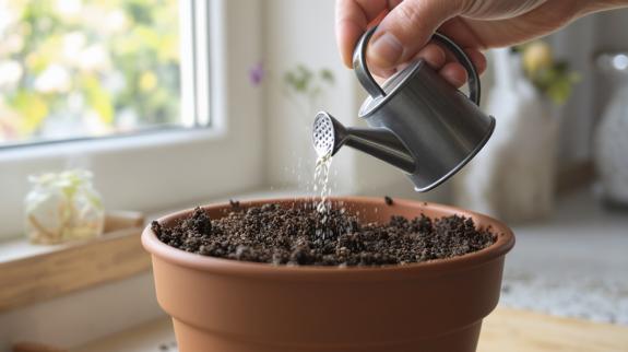 Watering basil when top 1 inch feels dry.