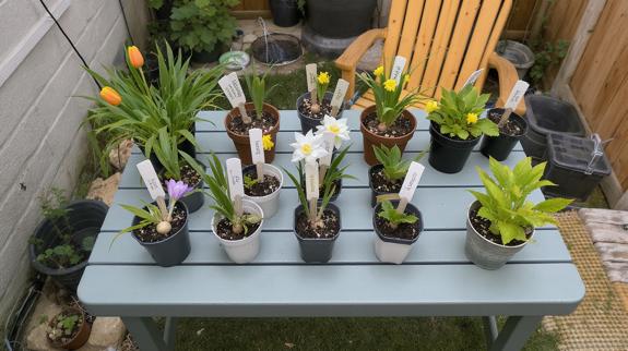 Flower bulbs growing in small containers.