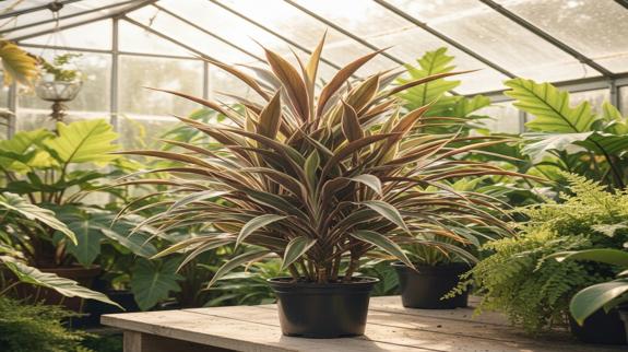 Vibrant Cordyline plant growing in greenhouse.