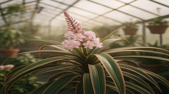 Cordyline plant blooming with pink flowers.