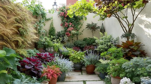 Small courtyard filled with colorful foliage plants.