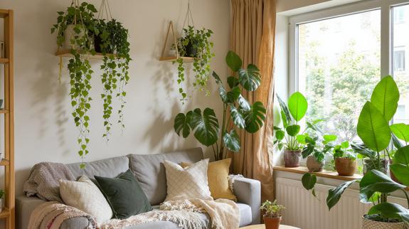 Cozy living room with indoor foliage plants.