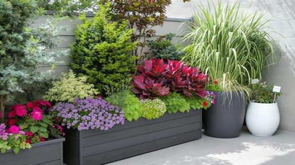 Small patio garden with colorful foliage.