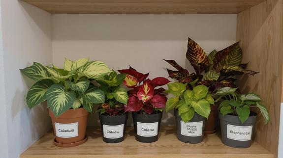 Indoor shelf with labeled foliage plants.
