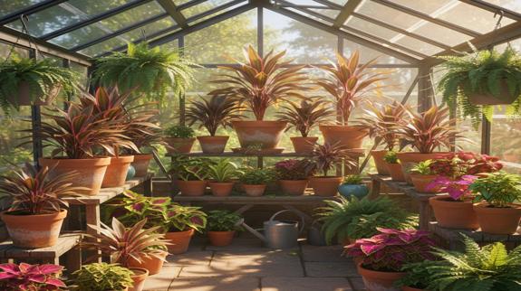 Colorful Cordyline plants arranged in greenhouse.