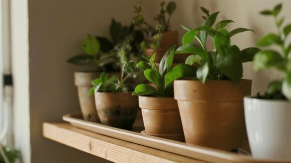 Sunlit indoor foliage plants near window.