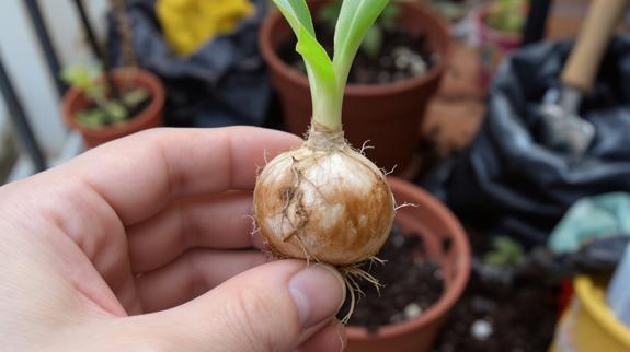 Hand holding sprouting bulb for gardening.