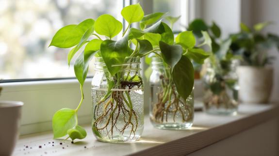 Pothos plant cuttings rooting in water jars.