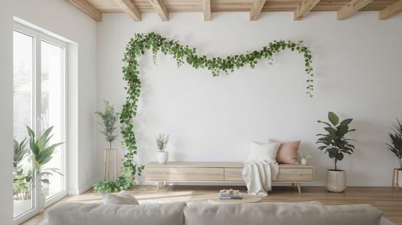Modern living hall decorated with green vines.