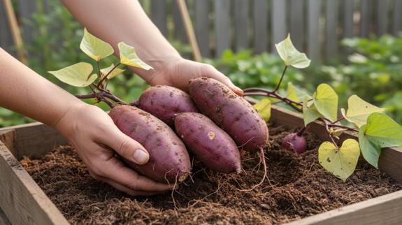 Harvesting homegrown purple sweet potatoes.
