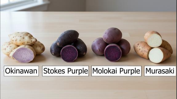 Different purple sweet potato varieties displayed.