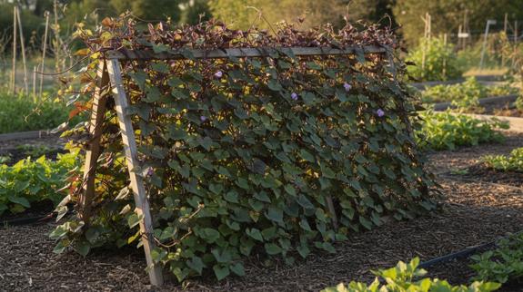 Sweet potato vines growing on garden trellis.
