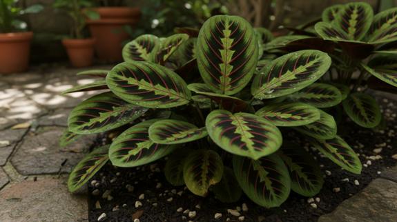 Healthy outdoor prayer plant growing lush.
