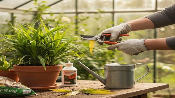 Gardener pruning Cordyline plant in greenhouse.