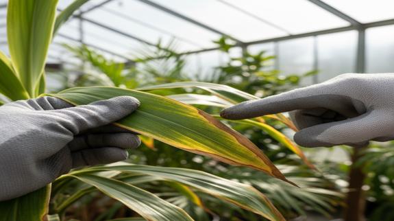 Gardener inspecting damaged Cordyline plant leaves.