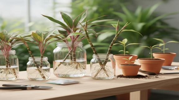 Cordyline plant cuttings rooting in glass jars.