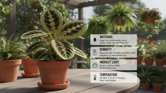 Different prayer plant varieties in pots.