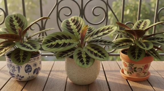 Different prayer plant varieties in pots.