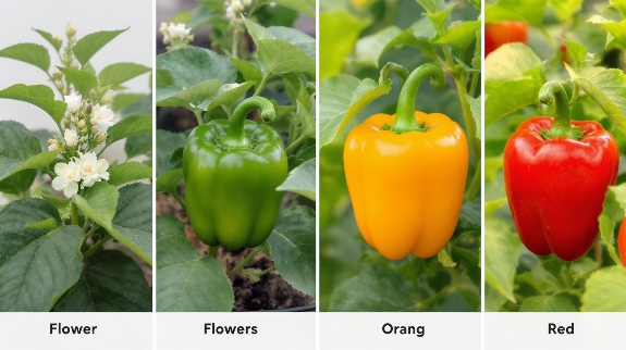 Bell pepper growth stages from flower to red fruit.