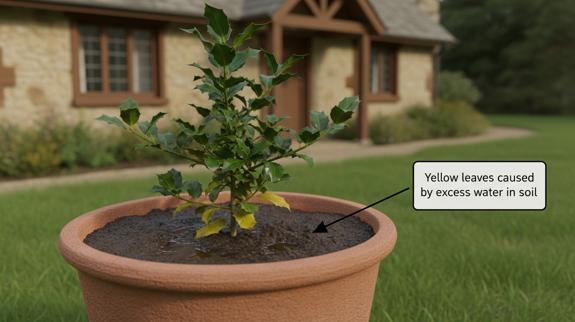 Overwatered holly plant showing yellow leaves.