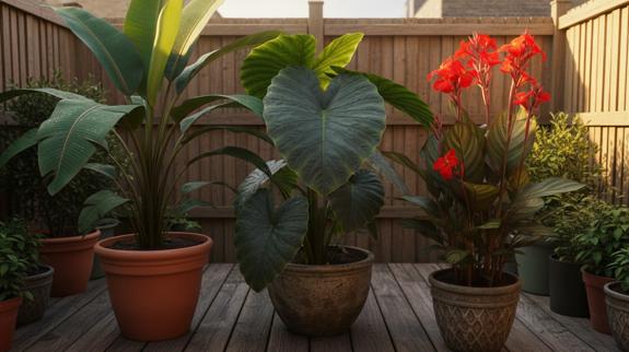 Potted tropical plants with large dramatic leaves.