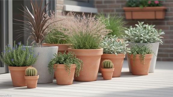 Herbs and succulents in outdoor containers.