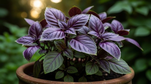 Purple basil plant growing in container.