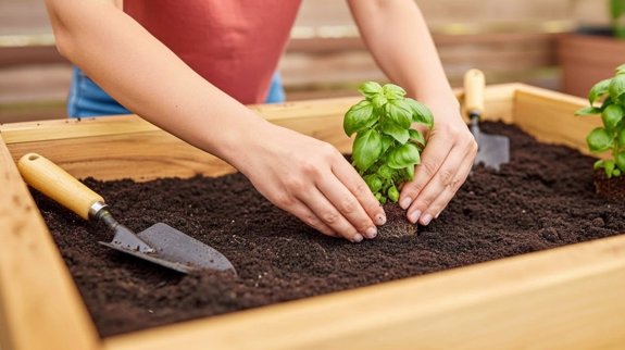 Planting young basil.